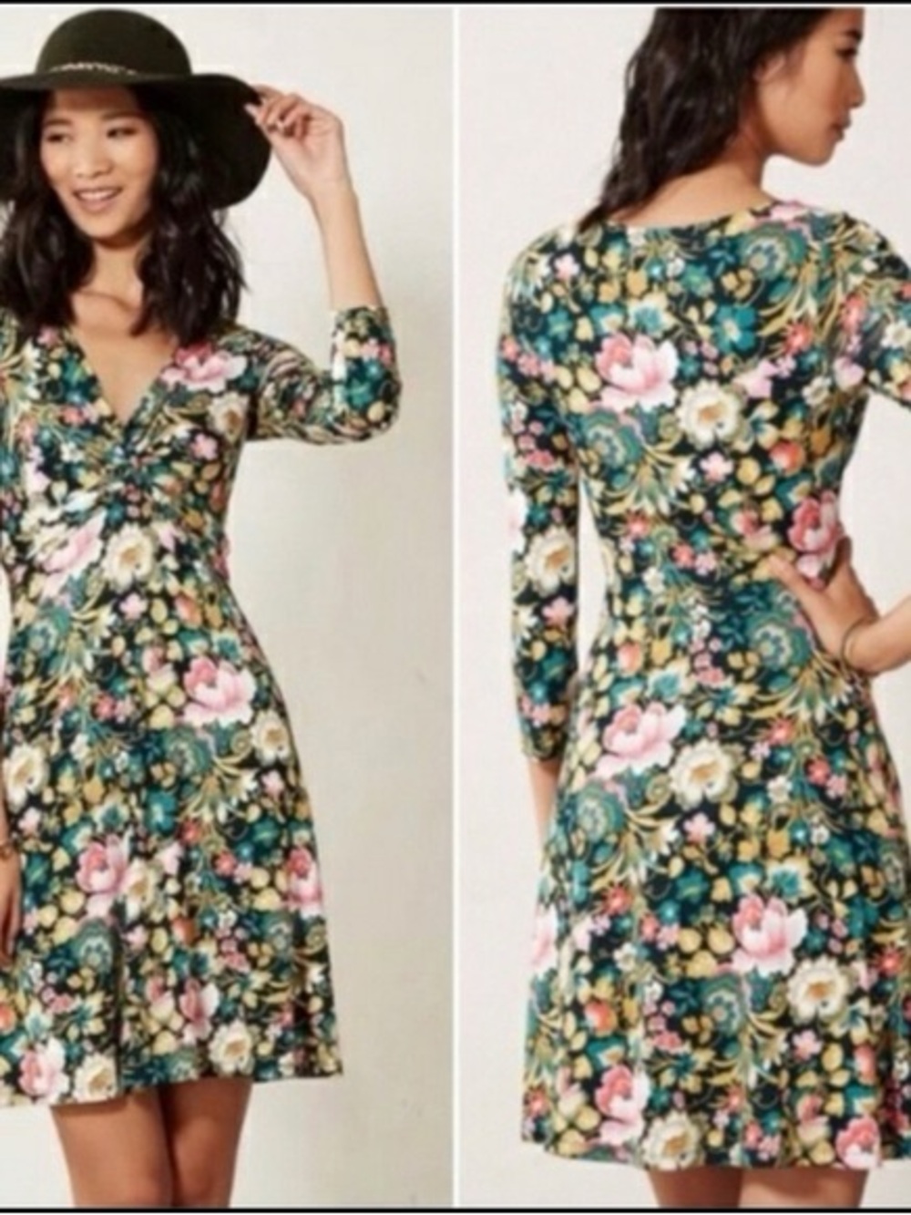 Like New Anthropologie Lilka Floral V-Neck Fit & Flare Dress - Green Multi